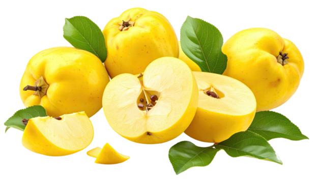 Quinces whole, halved, and sliced, with green leaves, light yellow