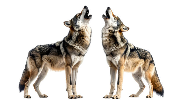 Symmetrical image of two wolves howling against a black background
