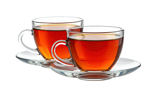 Two glass cups of tea, each resting on a matching saucer