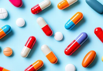 Colorful pills and tablets arranged on blue