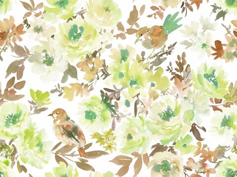 watercolor floral pattern with abstract hand painted roses, wild flowers and birds. Elegant floral textile design for fabric, interior, gift wrapping and stationary. PNG file.