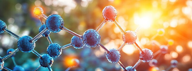 Molecule structure, blue orbs, bright sunshine