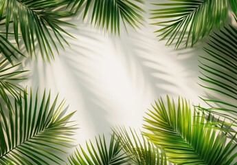 Palm fronds frame bright, sunlit, white space. Relaxing