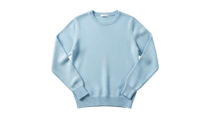Pale blue knitted crew neck pullover garment is isolated on a solid black background