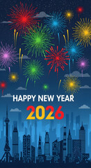 Celebrating New Year 2026 with City Skyline and Fireworks Display
