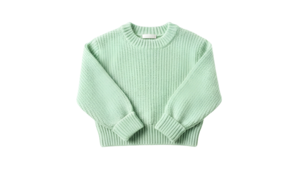 Knitted garment featuring long sleeves and a crew neck in a soft pastel green hue displayed against a solid dark background
