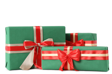 Green Christmas gift boxes on white background