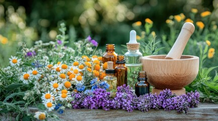 Herbs, bottles, mortar create natural remedy still life