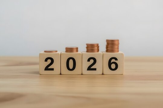2026 Financial Growth – Coin Stack Concept with Wooden Blocks