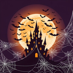 Spooky Castle Bats Flying Halloween Full Moon and Spiderwebs