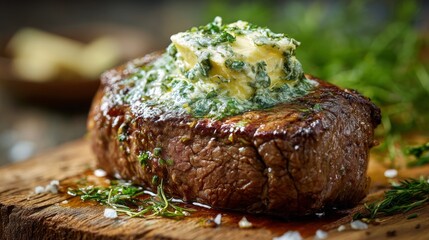 Juicy Grilled Steak Topped with Herb Butter and Fresh Greens on Rustic Wooden Board Garnished with Sea Salt and Wholesome Ingredients