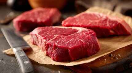 Fototapeta premium Fresh Cuts of Raw Red Meat on Brown Paper with Kitchen Knife Ready for Cooking and Preparation in Rustic Home Kitchen Setting
