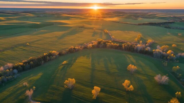Aerial Drone Footage of Prairie Pasture Land at Sunset in North Dakota