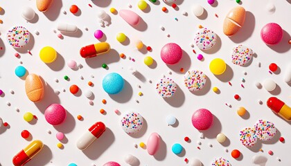 Pills & candy scattered on white