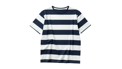Garment featuring horizontal navy and white stripes presented against a black background
