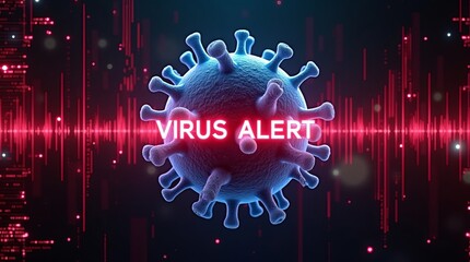 A digital illustration of a virus with a warning message highlighting a virus alert, featuring vibrant colors and a futuristic atmosphere.
