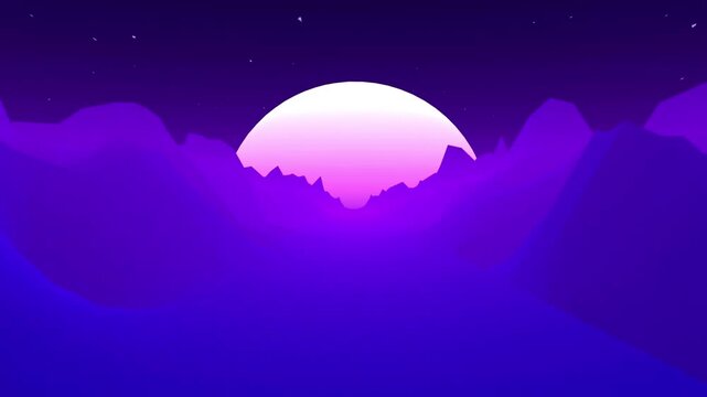 Retrowave skyline scene with neon lights and low poly territory. 80s retro foundation circle liveliness. Retro Futurism Background. 3D Render. Retro wave skyline scene, neon lights. Consistent circle.