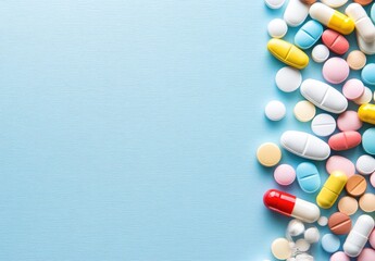Colorful pills border a light blue background