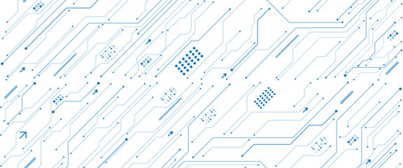 Abstract AI circuit board background. Technology connected white lines with electronics elements on tech bg.