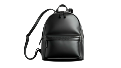 Sleek black leather backpack rendered with subtle highlights against a solid dark background