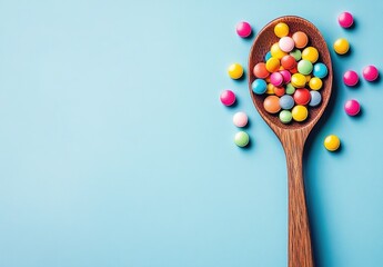 Colorful pills in a wooden spoon against light blue ground