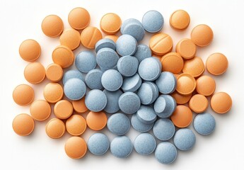 Orange/blue pills on white; potential health solution