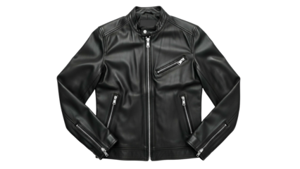 Sleek black outerwear garment displays metallic hardware against a solid dark background