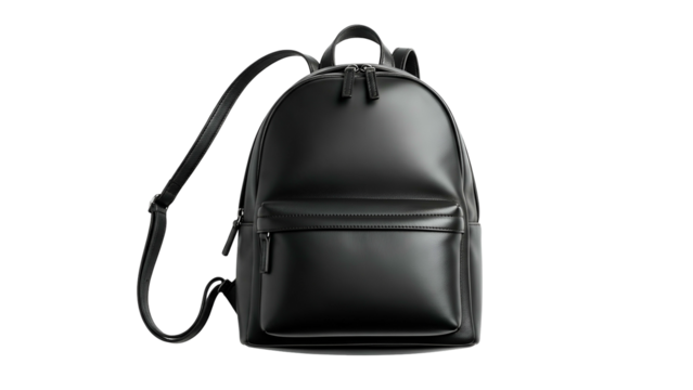 Sleek black leather backpack rendered with subtle highlights against a solid dark background