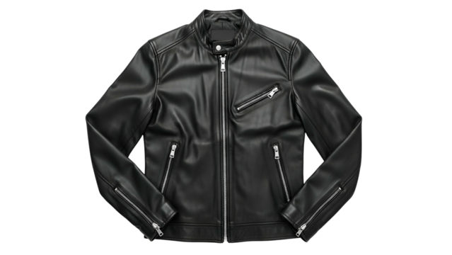 Sleek black outerwear garment displays metallic hardware against a solid dark background