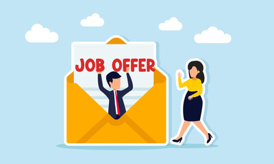 Businesswoman approaching businessman holding job offer letter emerging from envelope illustration of effort to find employment by sending job application to a company