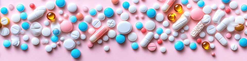 Array of colorful pills and capsules on a pink background