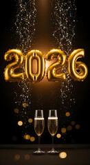 Celebrating 2026 with Champagne Toast and Gold Balloons