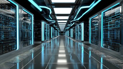 A futuristic data center corridor featuring illuminated server racks and sleek, reflective flooring.