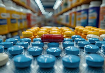 Pills, blue and yellow, with a single red capsule on top