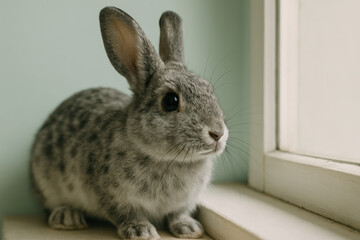 Obraz premium Curious grey spotted rabbit sitting on window sill, alert and attentive, cozy indoor pet near soft natural lighting
