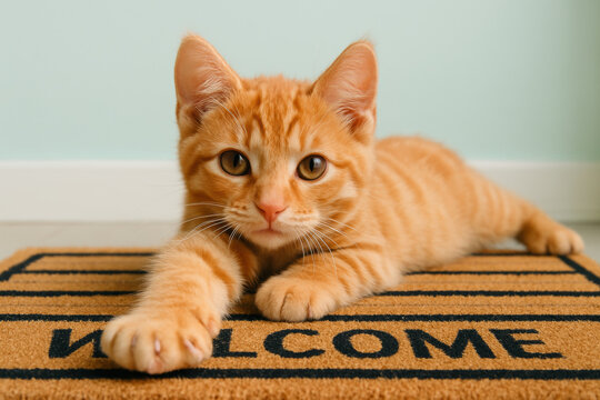 Cute orange tabby kitten stretching on welcome mat indoors, friendly curious young cat relaxing at home entrance