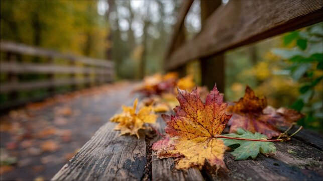 Fototapeta Colorful Autumn Leaves on Wood Bridge with Scenic Path in the Background Surrounded by Nature in Fall Season