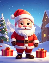 A cheerful, cartoon Santa stands with presents on snowy ground