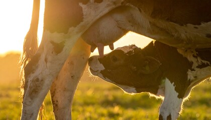 A calf nurses from its mother in a warm, sunlit meadow