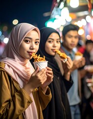 Muslim Friends Laughing at Street Food Stall