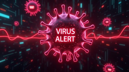 A vibrant digital illustration of a virus with a 'VIRUS ALERT' message, set against a futuristic, tech-inspired background.