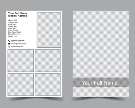 A modern, sleek, and elegant design modeling comp card and size is 5.5/8.5 inches