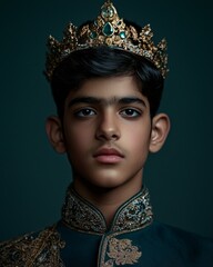 Close-Up Portrait of Young Pakistani Boy in Regal Attire and Crown Against Dark Background