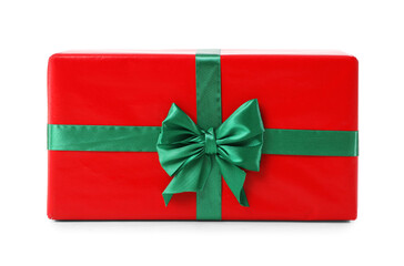 Red Christmas gift box with green ribbon on white background