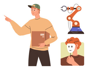 Man holding box gestures toward robotic arm another person holds a mask, suggesting identity. Ideal for innovation, AI, robotics, logistics, authenticity, progress creativity. Simple flat metaphor