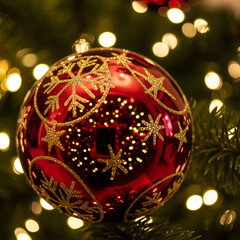 Red Christmas Ornament Hanging on Tree with Warm Lights