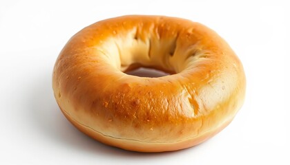 A perfectly round plain bagel, golden brown crust, soft interior, isolated on white, close up, circle