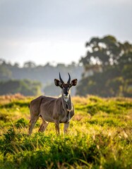 A large antelope with majestic horns stands in a sunlit grassy field