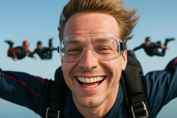 joyful man smiling during group skydiving, experiencing excitement and adventure with friends in clear blue sky