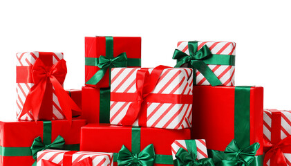 Many beautiful Christmas gift boxes on white background
